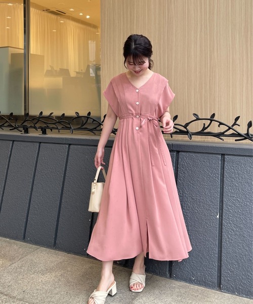 ワンピース とろみタックVネックワンピース「低身長・小柄女性  