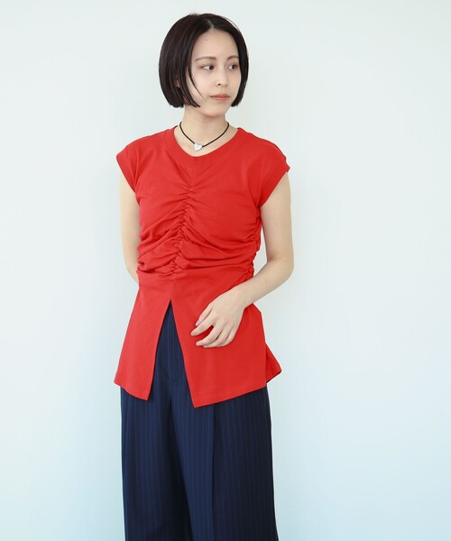 Ray BEAMS tシャツ / ギャザー フロント ノースリーブ