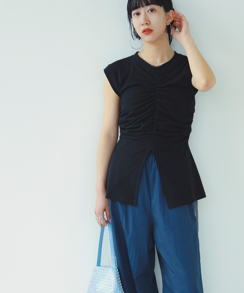 Ray BEAMS tシャツ / ギャザー フロント ノースリーブ