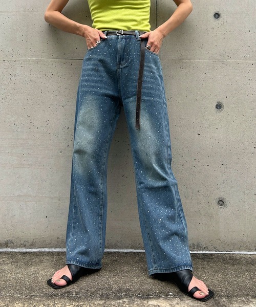 ストーンつきデニムパンツ新品 bohmal ジーンズ デニム デニムパンツ 「M〜3L展開」ライン