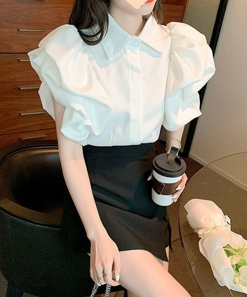 美品✨Rene 23SSフリル ブラウス 38リボン ボリュームスリーブ Ritomo De Ricco ブラウス シャツ ボリュームスリーブブラウス