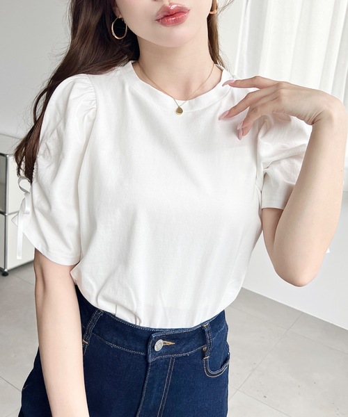 moment+ tシャツ 半袖 袖ハートホールリボン半袖Tシャツ レディース