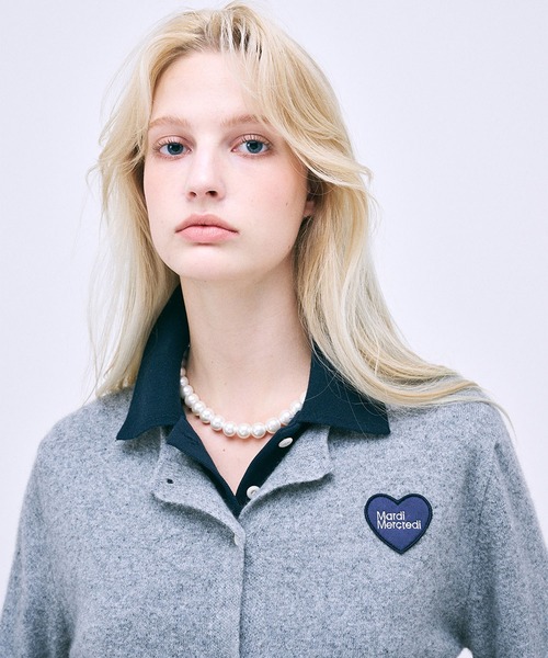 美品　MARDI MERCREDI ニット　カーディガン　ハートロゴ マルディメクルディ ハートロゴ ニット カーディガン 水色