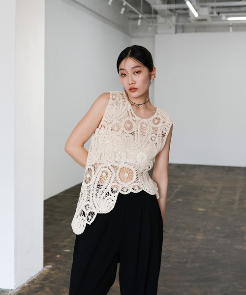 美品✨現行 MOGA シュリンクリネンケープ ベスト ジレ select MOCA ベスト ジレ 透かし編みアシンメトリーベスト