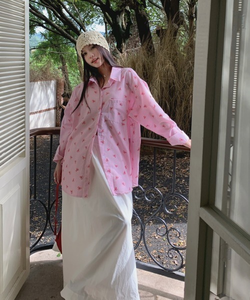 DIAVEL ブラウス シャツ リボン＆ストライプ 総柄シャツ レディース