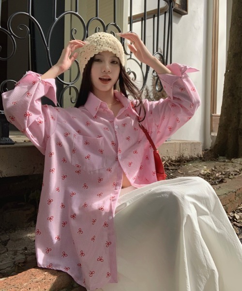 DIAVEL ブラウス シャツ リボン＆ストライプ 総柄シャツ レディース