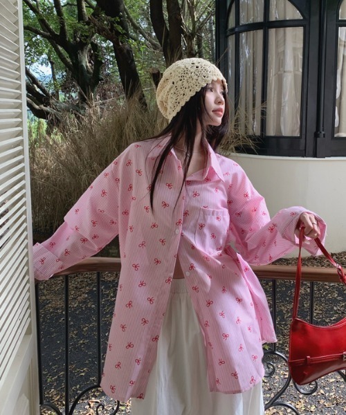 DIAVEL ブラウス シャツ リボン＆ストライプ 総柄シャツ レディース