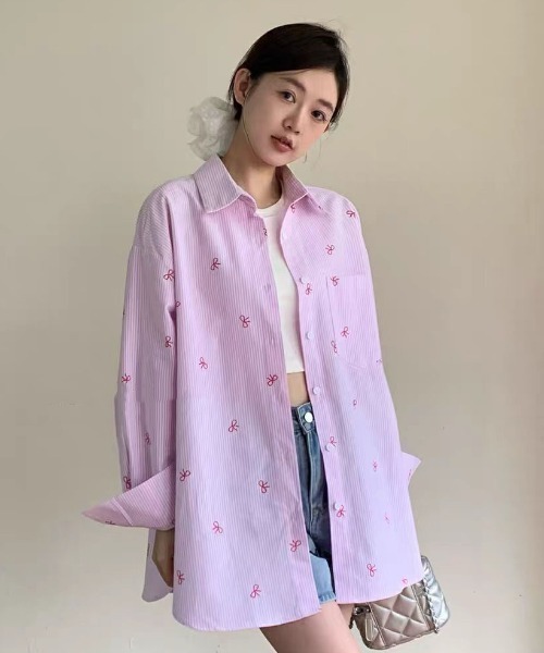 DIAVEL ブラウス シャツ リボン＆ストライプ 総柄シャツ レディース