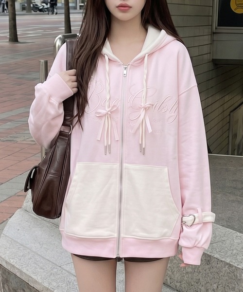 パーカー 「HOOK」for girls バイカラー刺繍ジップパーカー レディース