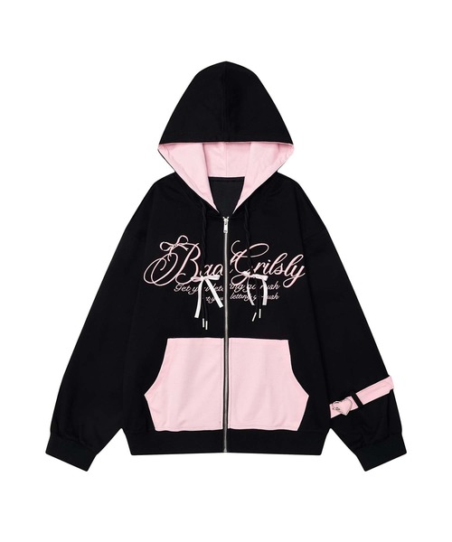 刺繍パーカー パーカー 「HOOK」for girls バイカラー刺繍ジップパーカー レディース
