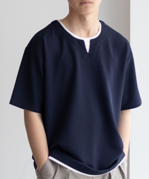 NAVY tシャツ NAVY「接触冷感」キーネックフェイクレイヤードTシャツ