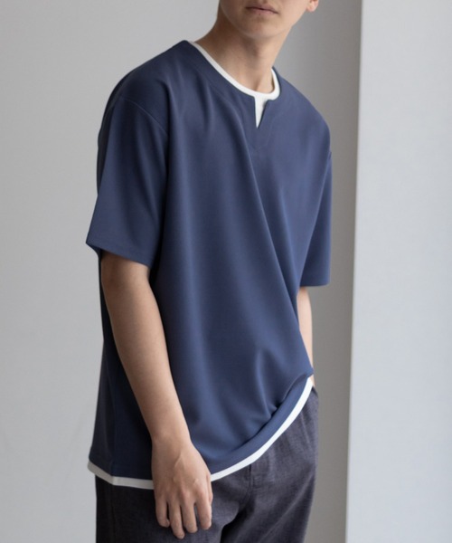 NAVY tシャツ NAVY「接触冷感」キーネックフェイクレイヤードTシャツ