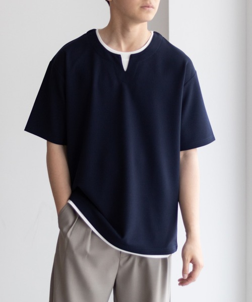 NAVY tシャツ NAVY「接触冷感」キーネックフェイクレイヤードTシャツ