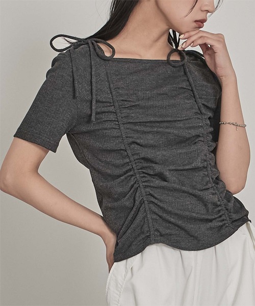 miette（ミエット） tシャツ 半袖 ドロストリボン半袖リブトップス