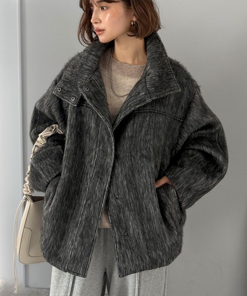 ♡スタンドカラーシャギーミドルCO/チャコールグレー ♡スタンドカラーシャギーミドルCO/チャコールグレー 人気のシャギー