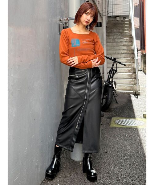 レザースカート ヴィンテージライク ナロー フェイクレザー スカート[品番