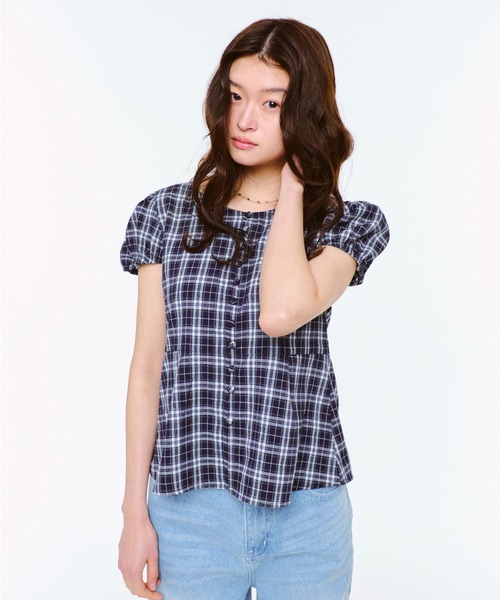 「FEKETE」 半袖ブラウス LARGE ネイビー レディース_画像9