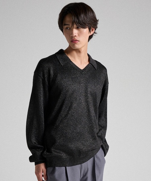 24SS Blanc YM 黒 Vネック ニットポロシャツ Parts Lab. ポロシャツ 「Parts Lab.」Metallic Knit Polo Shirt