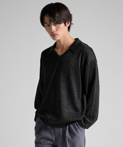 24SS Blanc YM 黒 Vネック ニットポロシャツ Blanc YM] (ブランワイエム) BL-25S-KLPS Knit Long Polo Shirts
