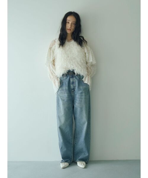 ワイドパンツ ジーンズ デニム デニムパンツ ウエストデザインルーズデニム レディースの画像