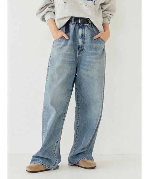 ワイドパンツ ジーンズ デニム デニムパンツ ウエストデザインルーズデニム レディースの画像