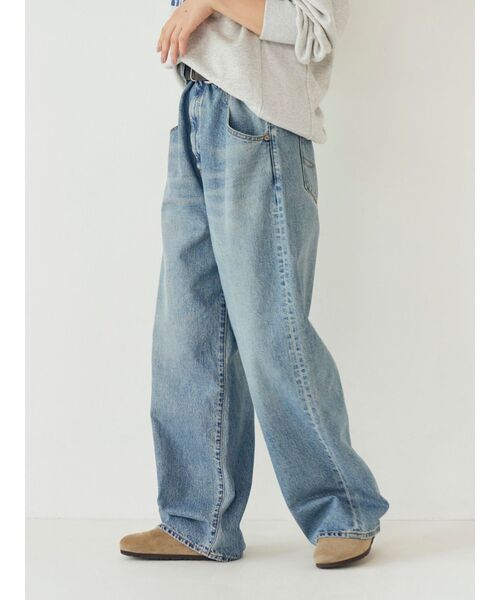 ワイドパンツ ジーンズ デニム デニムパンツ ウエストデザインルーズデニム レディースの画像