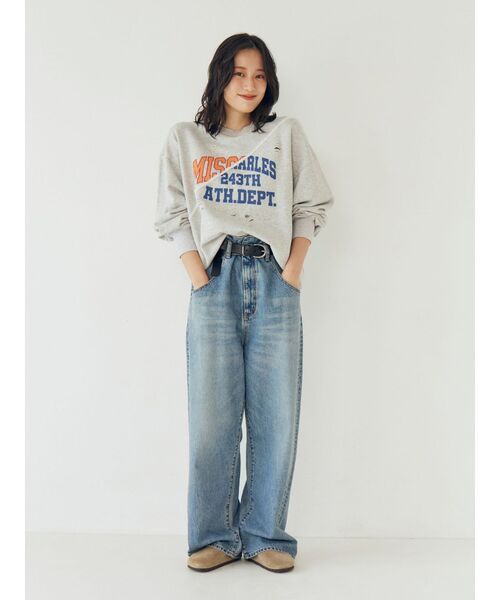 ワイドパンツ ジーンズ デニム デニムパンツ ウエストデザインルーズデニム レディースの画像