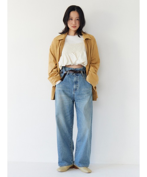 ワイドパンツ ジーンズ デニム デニムパンツ ウエストデザインルーズデニム レディースの画像