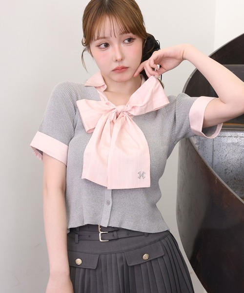 ブラウス シャツ リボンシャツレイヤードトップス レディースの画像