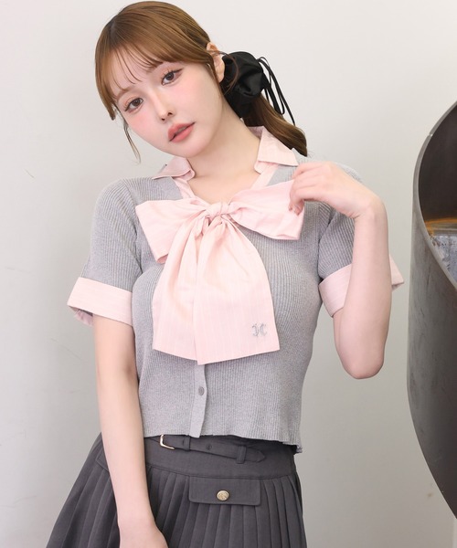 ブラウス シャツ リボンシャツレイヤードトップス レディースの画像