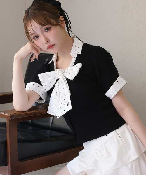 ブラウス シャツ リボンシャツレイヤードトップス レディースの画像