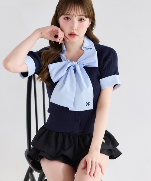 ブラウス シャツ リボンシャツレイヤードトップス レディースの画像