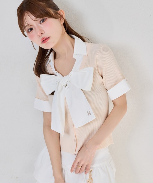ブラウス シャツ リボンシャツレイヤードトップス レディースの画像