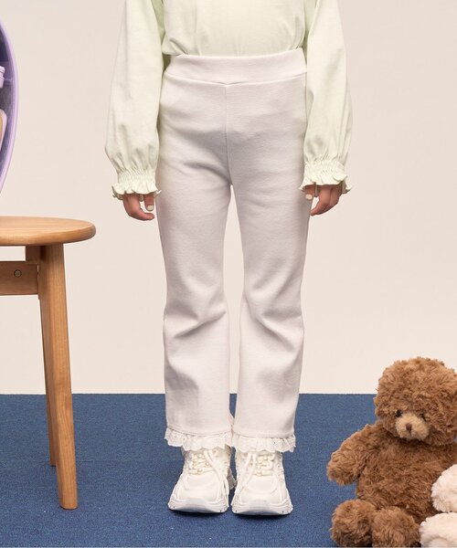 パンツ 「ともパン」「防汚・速乾」裾チェリーレースフレアパンツ