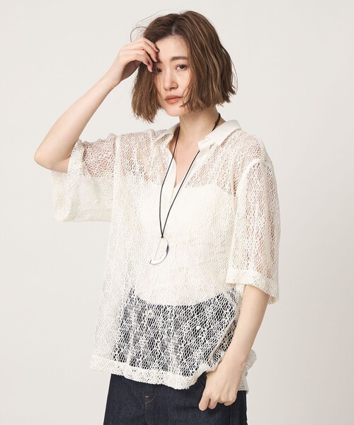 conte メッシュスキッパープルオーバーシャツ 白 半袖 定価27,500円 conte ブラウス シャツ 「conte」メッシュ スキッパー プルオーバー