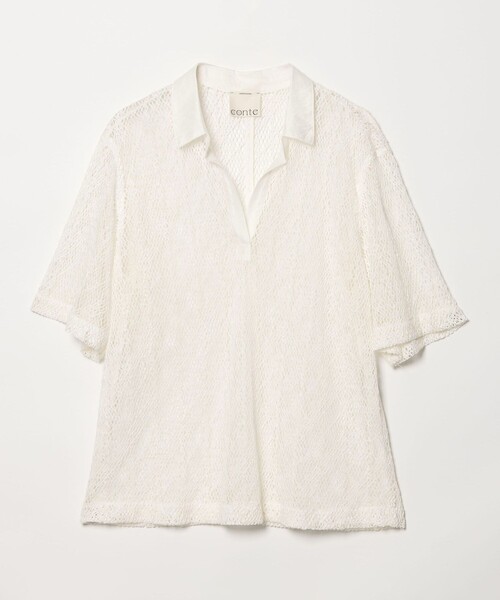 conte メッシュスキッパープルオーバーシャツ 白 半袖 定価27,500円 conte ブラウス シャツ 「conte」メッシュ スキッパー プルオーバー