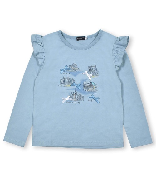 tシャツ Tシャツ BeBe/旅の風景 プリント フリル リボン Tシャツ (90  