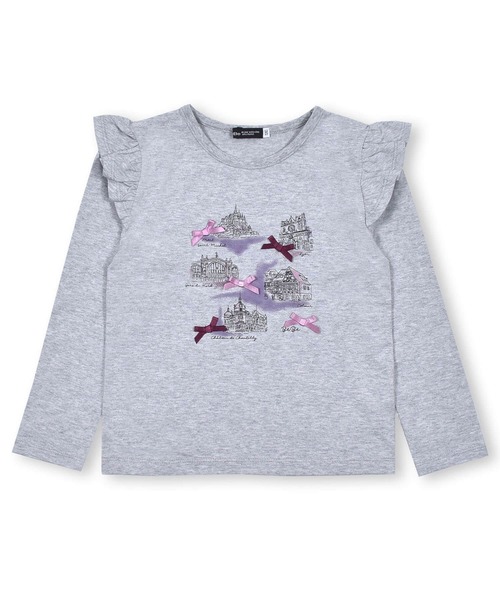 tシャツ Tシャツ BeBe/旅の風景 プリント フリル リボン Tシャツ (90  