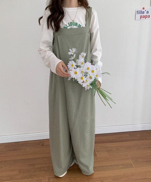ECLIN オールインワン ベルト付きワイドシルエットストライプ