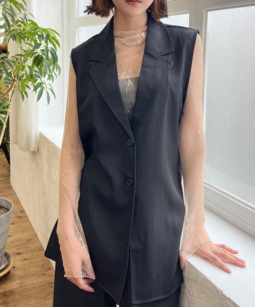 ベスト ジレ 無地＆チェック柄バックオープンスリーブレスジャケット レディース
