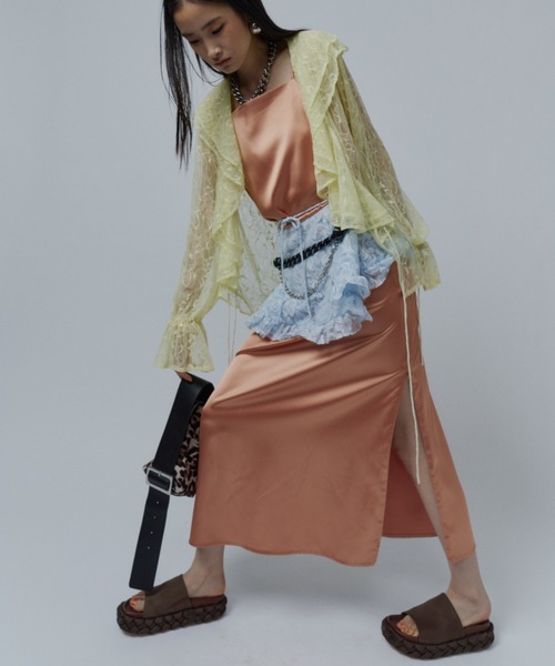 ワンピース Fastener slit satin dress/ファスナースリット