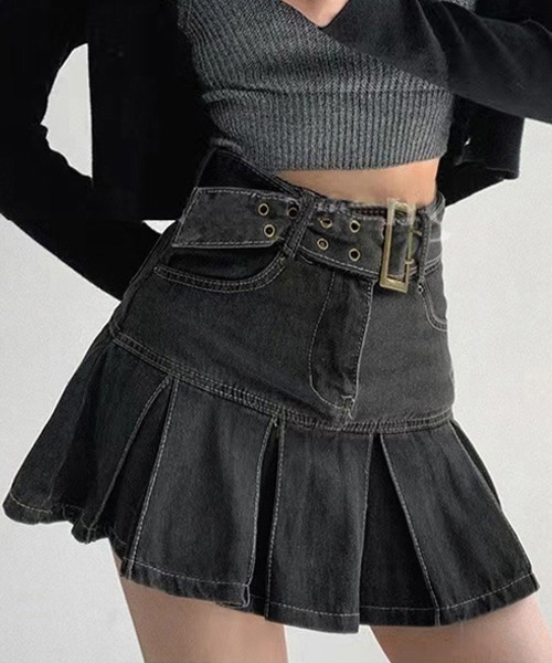 ［美品］ダークデニム プリーツスカート ベルト付き miniministore｜ミニデニムプリーツスカート ベルト付き