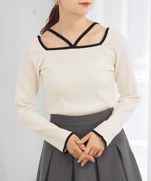 ニット セーター ●BICOLOR Choker リブニット レディース AMERICAN HOLIC ニット セーター バイパチクルーネック
