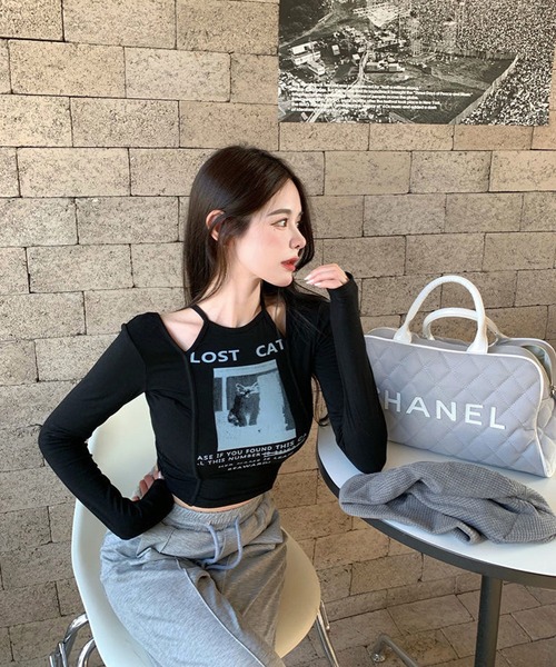 shopnikoniko tシャツ ロンT ショート丈 猫プリント ショルダー