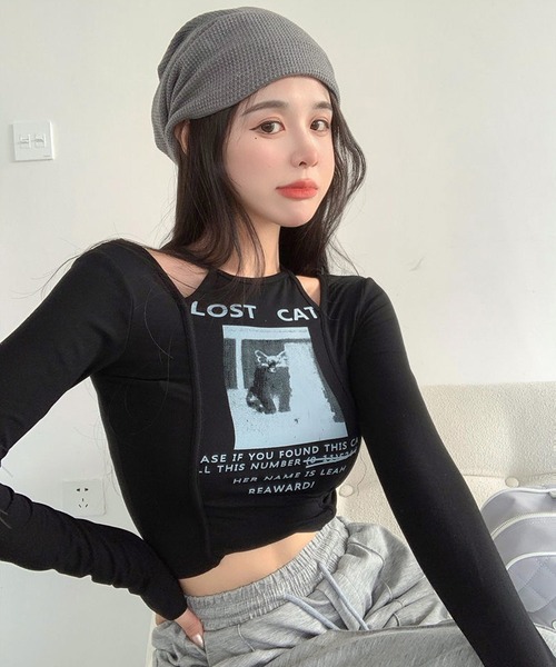 送料関税込み[ANTIDOTE]ロンT★日本未入荷★大人気★ヤマト発送 shopnikoniko tシャツ ロンT ショート丈 猫プリント ショルダー