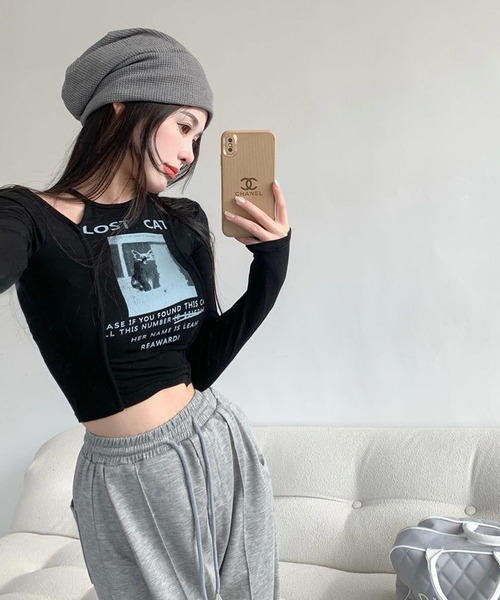 shopnikoniko tシャツ ロンT ショート丈 猫プリント ショルダー