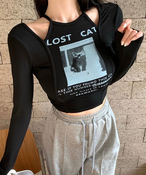 shopnikoniko tシャツ ロンT ショート丈 猫プリント ショルダー
