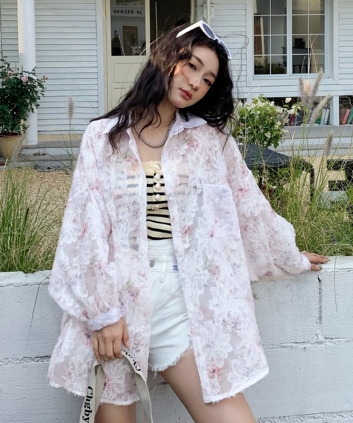 LEONARD FASHION コットン シアー シャツ 羽織 花柄 黒 9R DIAVEL ブラウス シャツ 花柄シアーシャツ/羽織 レディース : ZOZOTOWN