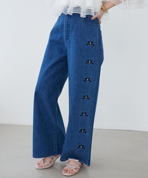 未使用品 BONUM リボンデニムパンツ ブルー MAJESTIC LEGON ジーンズ デニム デニムパンツ リボンビジューデニム