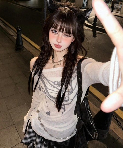 DEVICE tシャツ シアー レイヤードネックレス プリント トップス